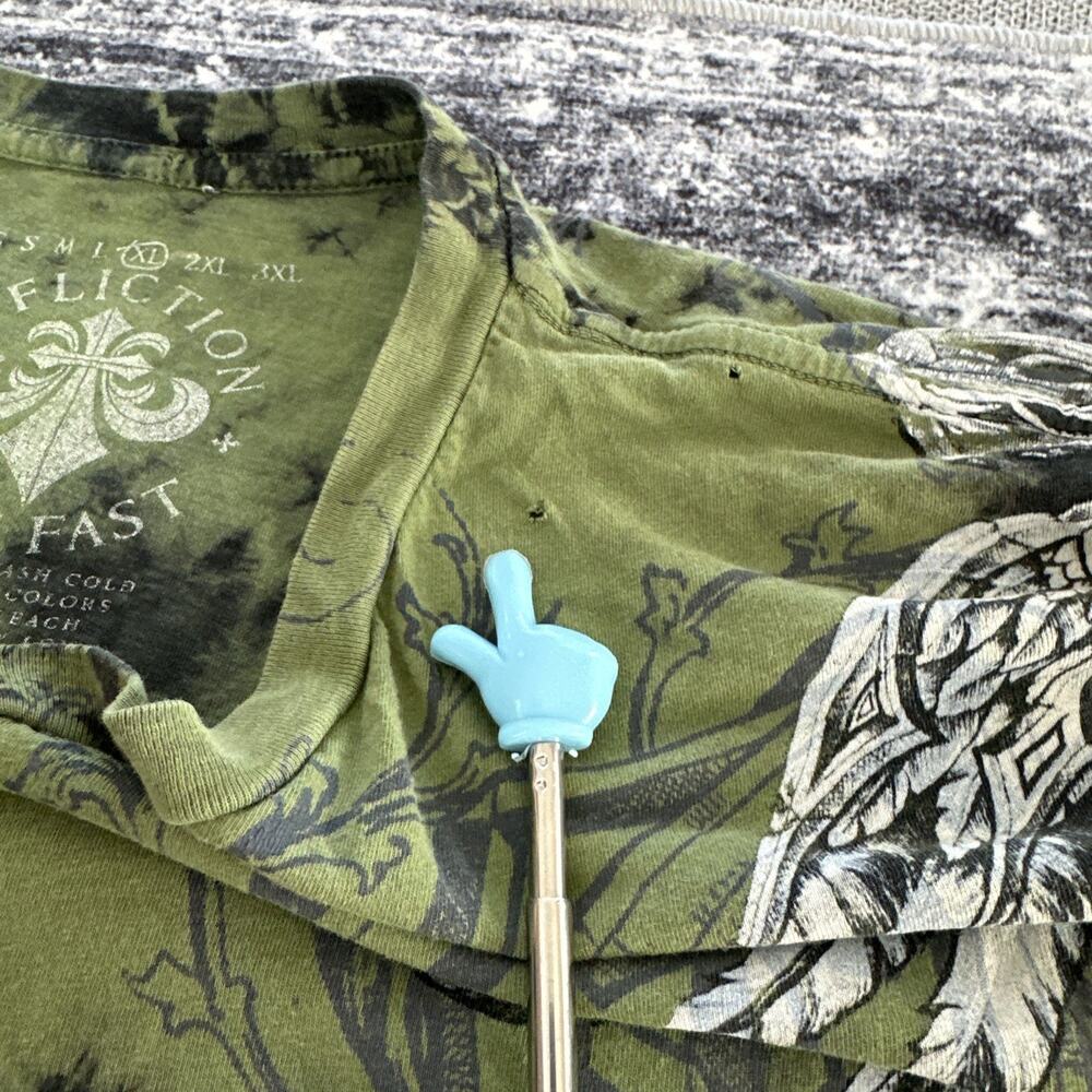 Size XL Affliction‎ Live Fast Men's Shirt Aztec Wings Army Green Vneck Tee - Picture 6 of 12